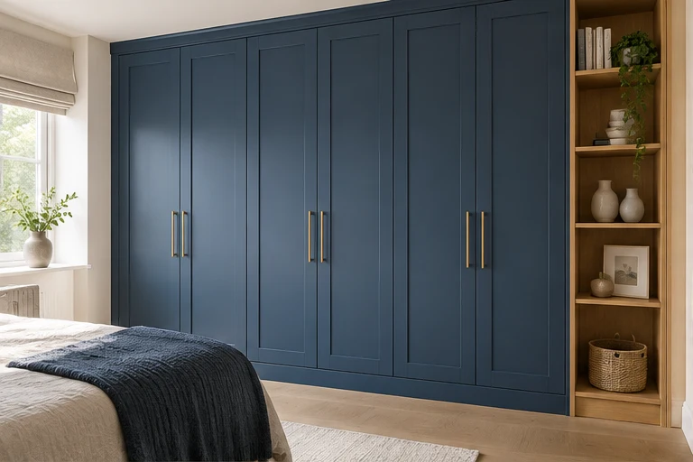 Deep blue Shaker-style wardrobe concept with warm oak open shelving.